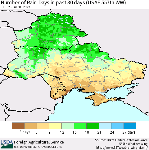 Ukraine, Moldova and Belarus Number of Rain Days in past 30 days (USAF 557th WW) 07/31/2022 Thematic Map For 7/25/2022 - 7/31/2022