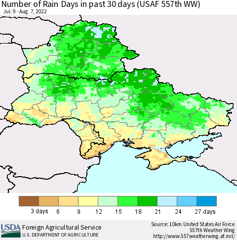 Ukraine, Moldova and Belarus Number of Rain Days in past 30 days (USAF 557th WW) 08/07/2022 Thematic Map For 8/1/2022 - 8/7/2022