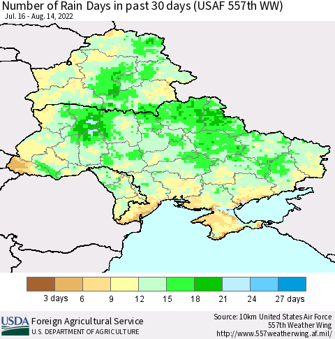 Ukraine, Moldova and Belarus Number of Rain Days in past 30 days (USAF 557th WW) 08/14/2022 Thematic Map For 8/8/2022 - 8/14/2022