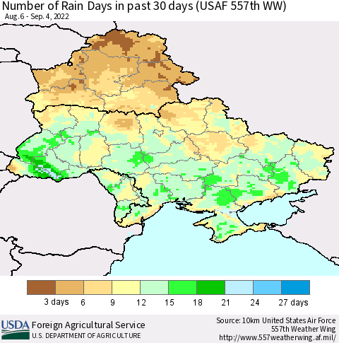 Ukraine, Moldova and Belarus Number of Rain Days in past 30 days (USAF 557th WW) 09/04/2022 Thematic Map For 8/29/2022 - 9/4/2022