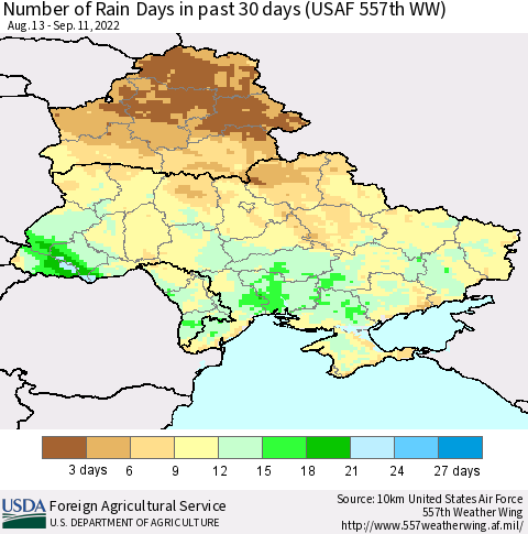 Ukraine, Moldova and Belarus Number of Rain Days in past 30 days (USAF 557th WW) 09/11/2022 Thematic Map For 9/5/2022 - 9/11/2022
