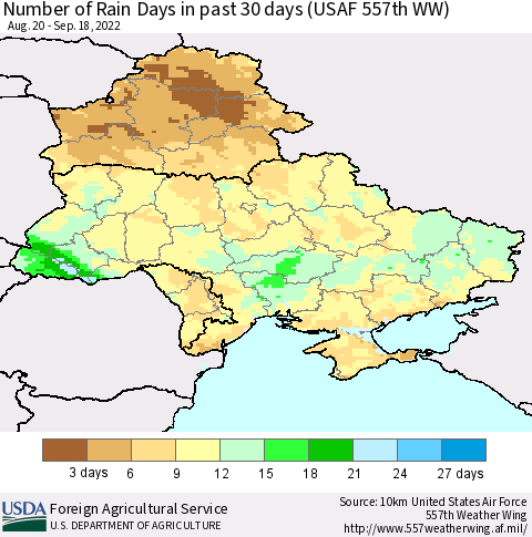 Ukraine, Moldova and Belarus Number of Rain Days in past 30 days (USAF 557th WW) 09/18/2022 Thematic Map For 9/12/2022 - 9/18/2022