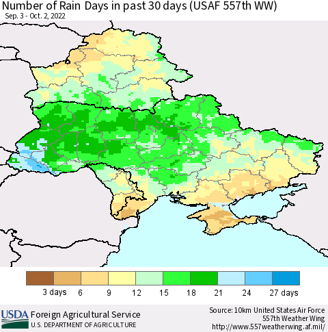 Ukraine, Moldova and Belarus Number of Rain Days in past 30 days (USAF 557th WW) 10/02/2022 Thematic Map For 9/26/2022 - 10/2/2022