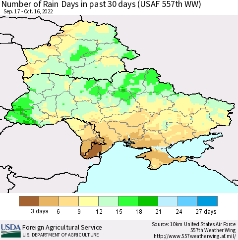 Ukraine, Moldova and Belarus Number of Rain Days in past 30 days (USAF 557th WW) 10/16/2022 Thematic Map For 10/10/2022 - 10/16/2022