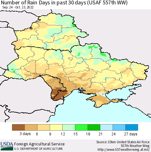 Ukraine, Moldova and Belarus Number of Rain Days in past 30 days (USAF 557th WW) 10/23/2022 Thematic Map For 10/17/2022 - 10/23/2022