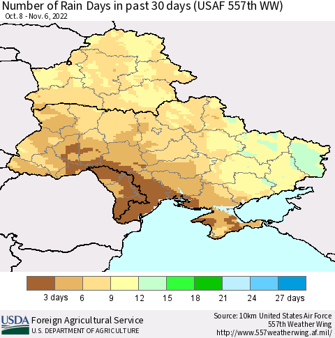 Ukraine, Moldova and Belarus Number of Rain Days in past 30 days (USAF 557th WW) 11/06/2022 Thematic Map For 10/31/2022 - 11/6/2022