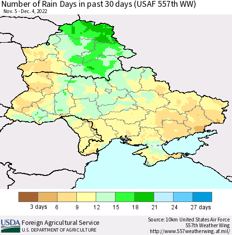 Ukraine, Moldova and Belarus Number of Rain Days in past 30 days (USAF 557th WW) 12/04/2022 Thematic Map For 11/28/2022 - 12/4/2022
