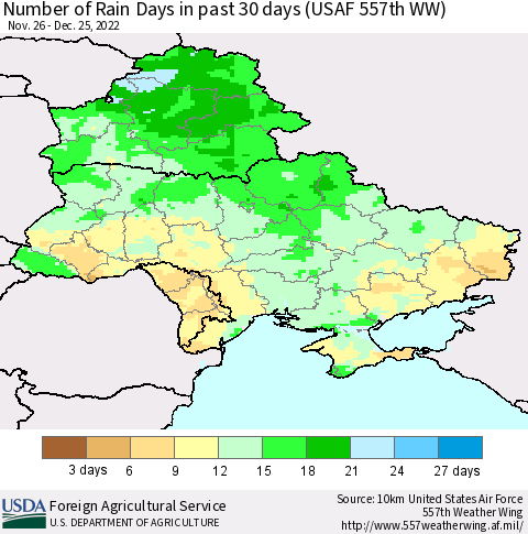 Ukraine, Moldova and Belarus Number of Rain Days in past 30 days (USAF 557th WW) 12/25/2022 Thematic Map For 12/19/2022 - 12/25/2022