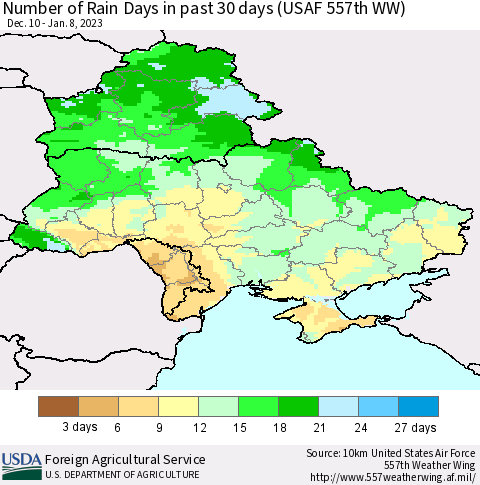 Ukraine, Moldova and Belarus Number of Rain Days in past 30 days (USAF 557th WW) 01/08/2023 Thematic Map For 1/2/2023 - 1/8/2023