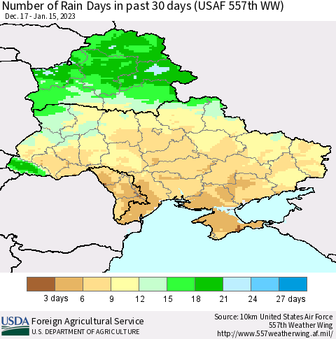 Ukraine, Moldova and Belarus Number of Rain Days in past 30 days (USAF 557th WW) 01/15/2023 Thematic Map For 1/9/2023 - 1/15/2023