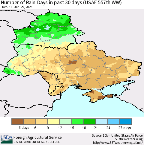 Ukraine, Moldova and Belarus Number of Rain Days in past 30 days (USAF 557th WW) 01/29/2023 Thematic Map For 1/23/2023 - 1/29/2023