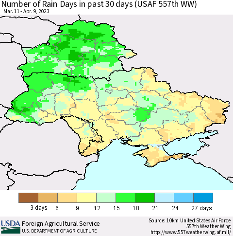 Ukraine, Moldova and Belarus Number of Rain Days in past 30 days (USAF 557th WW) 04/09/2023 Thematic Map For 4/3/2023 - 4/9/2023