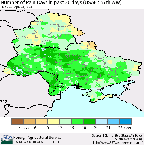 Ukraine, Moldova and Belarus Number of Rain Days in past 30 days (USAF 557th WW) 04/23/2023 Thematic Map For 4/17/2023 - 4/23/2023