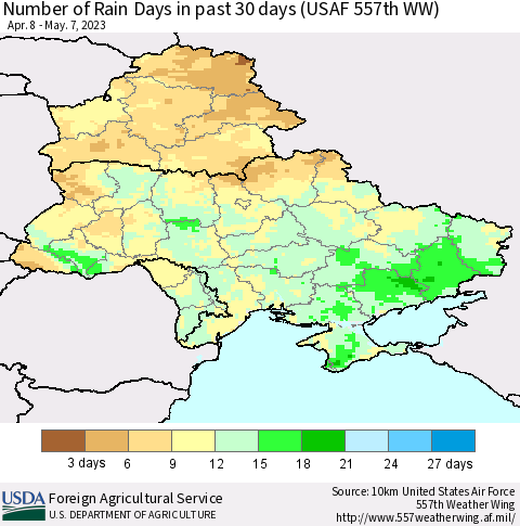 Ukraine, Moldova and Belarus Number of Rain Days in past 30 days (USAF 557th WW) 05/07/2023 Thematic Map For 5/1/2023 - 5/7/2023