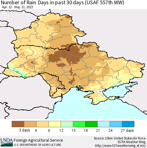 Ukraine, Moldova and Belarus Number of Rain Days in past 30 days (USAF 557th WW) 05/21/2023 Thematic Map For 5/15/2023 - 5/21/2023