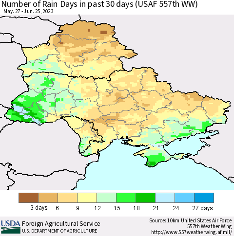 Ukraine, Moldova and Belarus Number of Rain Days in past 30 days (USAF 557th WW) 06/25/2023 Thematic Map For 6/19/2023 - 6/25/2023
