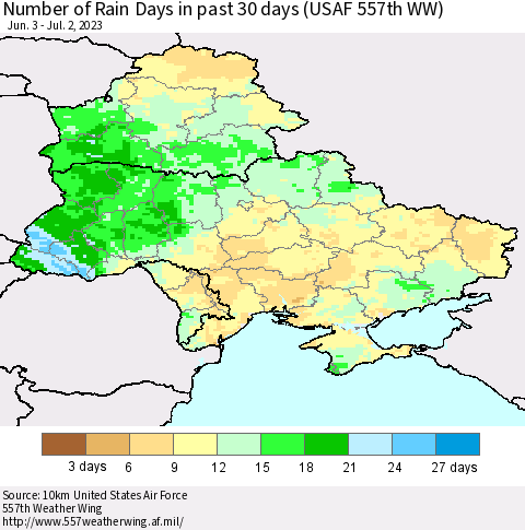 Ukraine, Moldova and Belarus Number of Rain Days in past 30 days (USAF 557th WW) 07/02/2023 Thematic Map For 6/26/2023 - 7/2/2023
