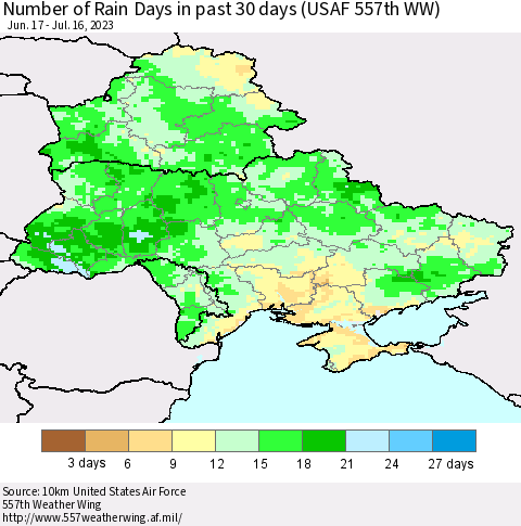 Ukraine, Moldova and Belarus Number of Rain Days in past 30 days (USAF 557th WW) 07/16/2023 Thematic Map For 7/10/2023 - 7/16/2023