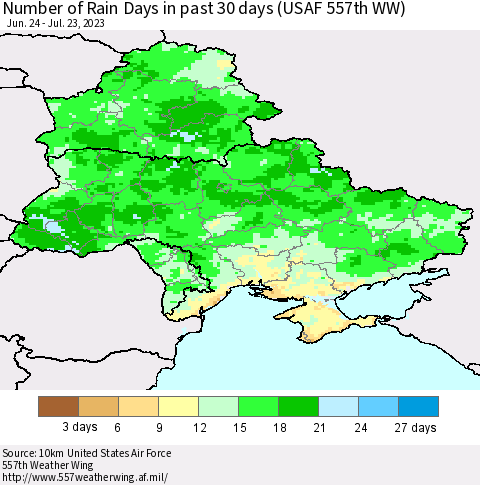 Ukraine, Moldova and Belarus Number of Rain Days in past 30 days (USAF 557th WW) 07/23/2023 Thematic Map For 7/17/2023 - 7/23/2023
