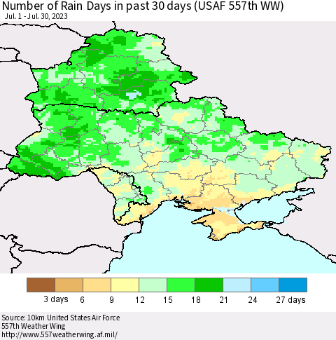 Ukraine, Moldova and Belarus Number of Rain Days in past 30 days (USAF 557th WW) 07/30/2023 Thematic Map For 7/24/2023 - 7/30/2023