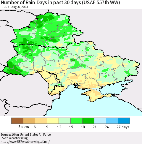Ukraine, Moldova and Belarus Number of Rain Days in past 30 days (USAF 557th WW) 08/06/2023 Thematic Map For 7/31/2023 - 8/6/2023