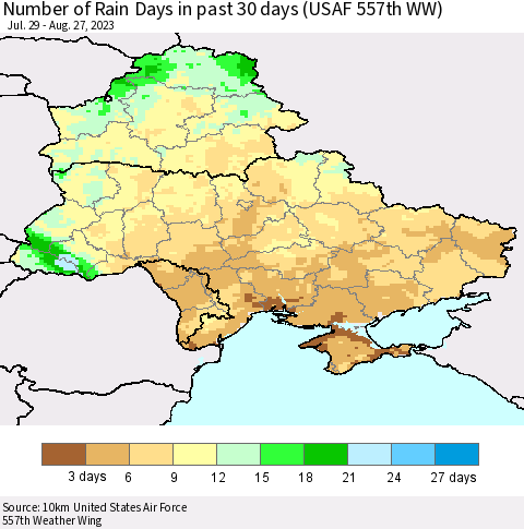 Ukraine, Moldova and Belarus Number of Rain Days in past 30 days (USAF 557th WW) 08/27/2023 Thematic Map For 8/21/2023 - 8/27/2023