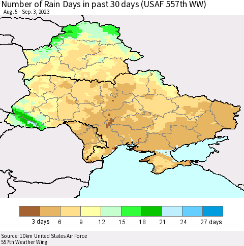 Ukraine, Moldova and Belarus Number of Rain Days in past 30 days (USAF 557th WW) 09/03/2023 Thematic Map For 8/28/2023 - 9/3/2023