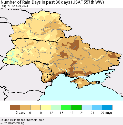 Ukraine, Moldova and Belarus Number of Rain Days in past 30 days (USAF 557th WW) 09/24/2023 Thematic Map For 9/18/2023 - 9/24/2023