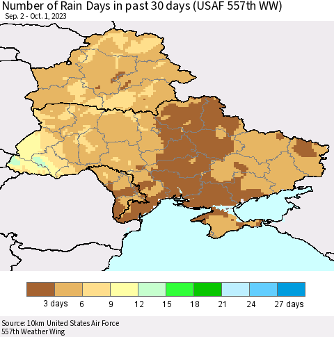 Ukraine, Moldova and Belarus Number of Rain Days in past 30 days (USAF 557th WW) 10/01/2023 Thematic Map For 9/25/2023 - 10/1/2023