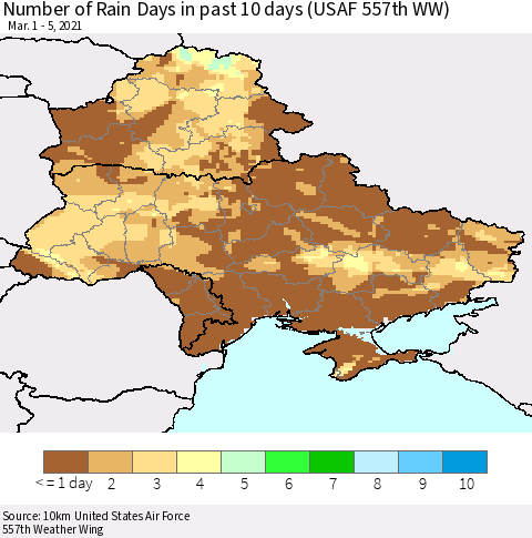 Ukraine, Moldova and Belarus Number of Rain Days in past 10 days (USAF 557th WW) Thematic Map For 3/1/2021 - 3/5/2021
