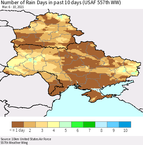 Ukraine, Moldova and Belarus Number of Rain Days in past 10 days (USAF 557th WW) Thematic Map For 3/6/2021 - 3/10/2021