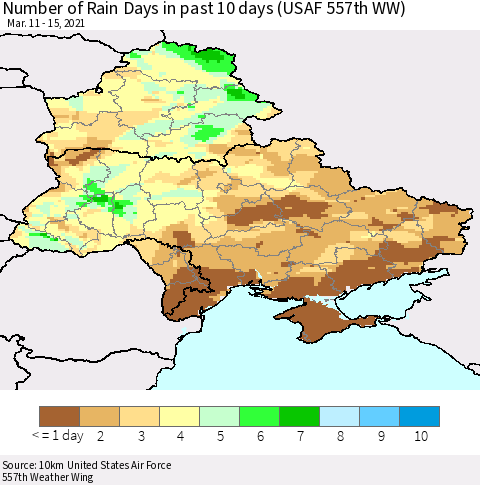 Ukraine, Moldova and Belarus Number of Rain Days in past 10 days (USAF 557th WW) Thematic Map For 3/11/2021 - 3/15/2021