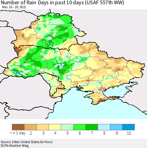 Ukraine, Moldova and Belarus Number of Rain Days in past 10 days (USAF 557th WW) Thematic Map For 3/16/2021 - 3/20/2021