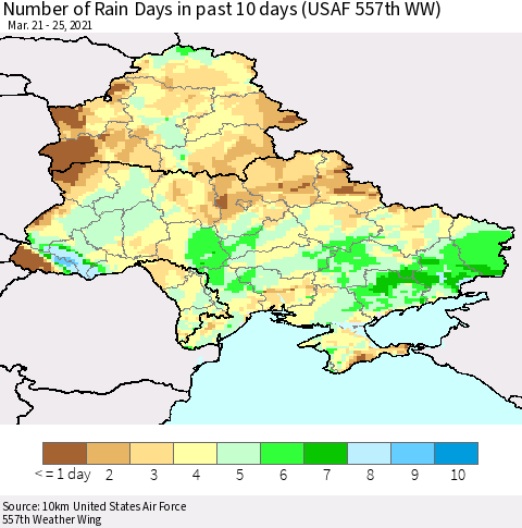 Ukraine, Moldova and Belarus Number of Rain Days in past 10 days (USAF 557th WW) Thematic Map For 3/21/2021 - 3/25/2021