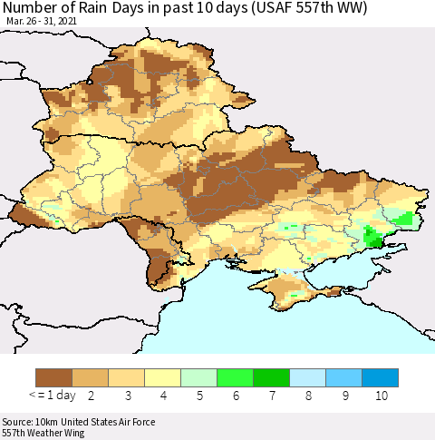 Ukraine, Moldova and Belarus Number of Rain Days in past 10 days (USAF 557th WW) Thematic Map For 3/26/2021 - 3/31/2021