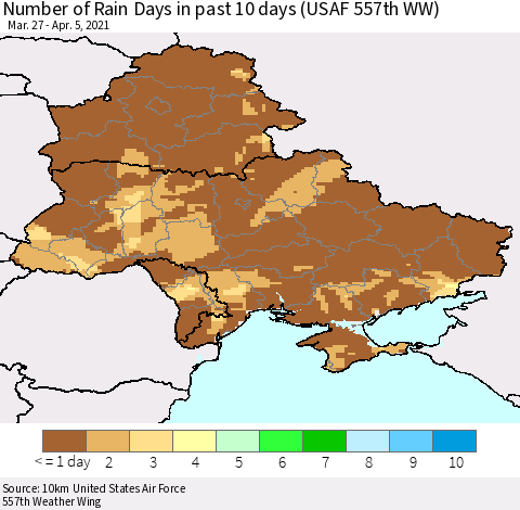 Ukraine, Moldova and Belarus Number of Rain Days in past 10 days (USAF 557th WW) Thematic Map For 4/1/2021 - 4/5/2021