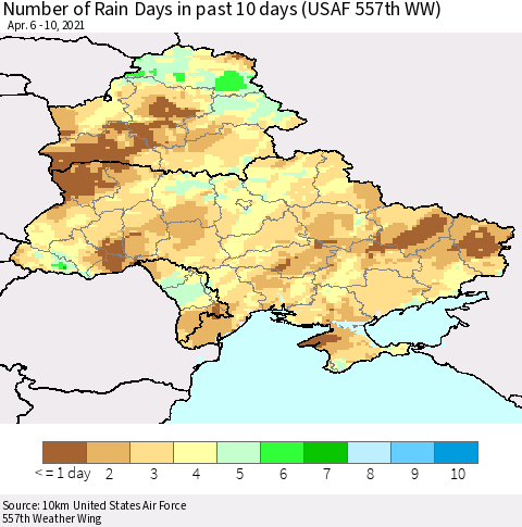 Ukraine, Moldova and Belarus Number of Rain Days in past 10 days (USAF 557th WW) Thematic Map For 4/6/2021 - 4/10/2021