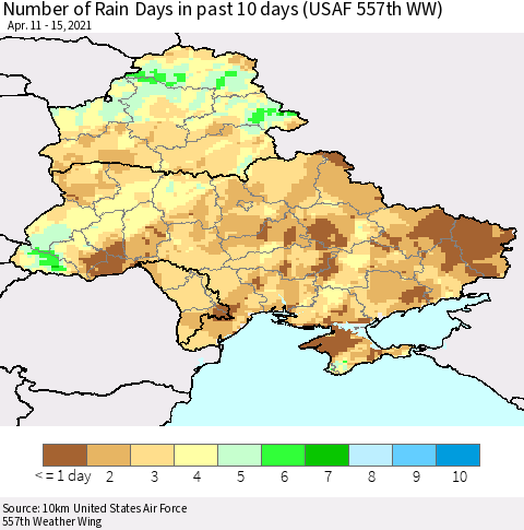 Ukraine, Moldova and Belarus Number of Rain Days in past 10 days (USAF 557th WW) Thematic Map For 4/11/2021 - 4/15/2021