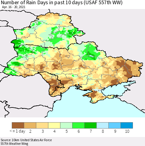 Ukraine, Moldova and Belarus Number of Rain Days in past 10 days (USAF 557th WW) Thematic Map For 4/16/2021 - 4/20/2021