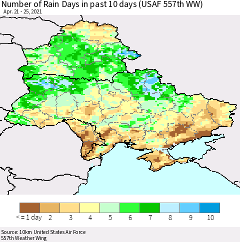 Ukraine, Moldova and Belarus Number of Rain Days in past 10 days (USAF 557th WW) Thematic Map For 4/21/2021 - 4/25/2021
