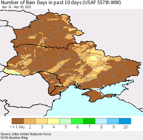 Ukraine, Moldova and Belarus Number of Rain Days in past 10 days (USAF 557th WW) Thematic Map For 4/26/2021 - 4/30/2021