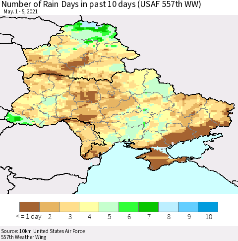 Ukraine, Moldova and Belarus Number of Rain Days in past 10 days (USAF 557th WW) Thematic Map For 5/1/2021 - 5/5/2021