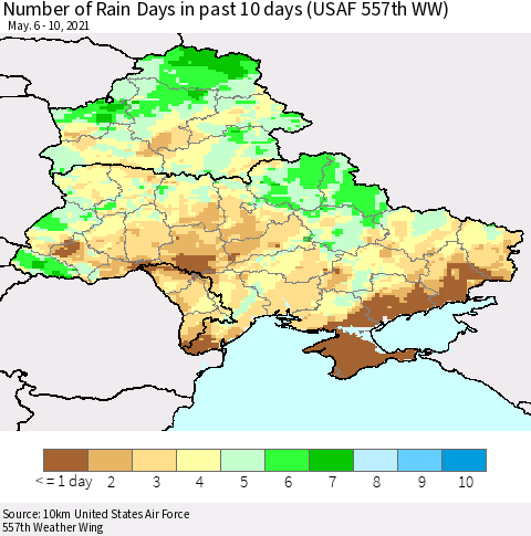 Ukraine, Moldova and Belarus Number of Rain Days in past 10 days (USAF 557th WW) Thematic Map For 5/6/2021 - 5/10/2021