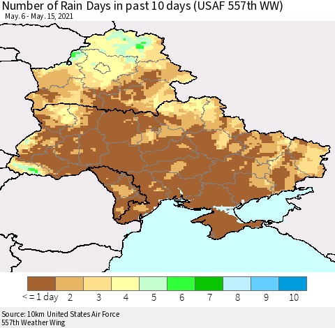 Ukraine, Moldova and Belarus Number of Rain Days in past 10 days (USAF 557th WW) Thematic Map For 5/11/2021 - 5/15/2021