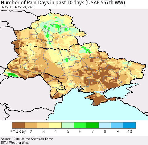 Ukraine, Moldova and Belarus Number of Rain Days in past 10 days (USAF 557th WW) Thematic Map For 5/16/2021 - 5/20/2021