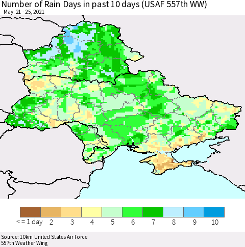 Ukraine, Moldova and Belarus Number of Rain Days in past 10 days (USAF 557th WW) Thematic Map For 5/21/2021 - 5/25/2021