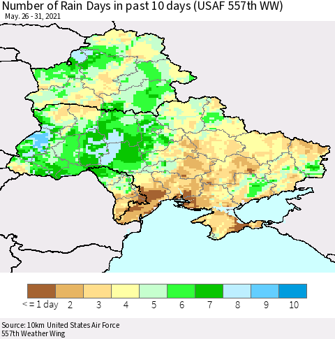 Ukraine, Moldova and Belarus Number of Rain Days in past 10 days (USAF 557th WW) Thematic Map For 5/26/2021 - 5/31/2021