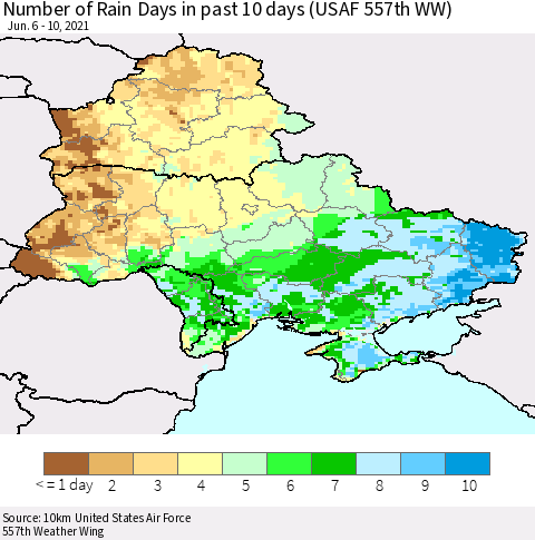 Ukraine, Moldova and Belarus Number of Rain Days in past 10 days (USAF 557th WW) Thematic Map For 6/6/2021 - 6/10/2021