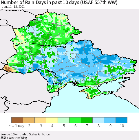 Ukraine, Moldova and Belarus Number of Rain Days in past 10 days (USAF 557th WW) Thematic Map For 6/11/2021 - 6/15/2021