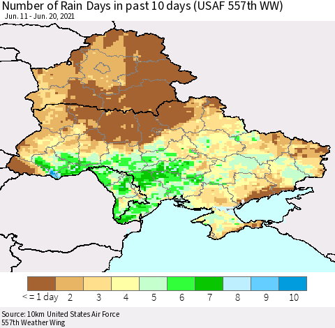 Ukraine, Moldova and Belarus Number of Rain Days in past 10 days (USAF 557th WW) Thematic Map For 6/16/2021 - 6/20/2021